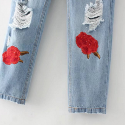 Fashion Roses Embroidered Hole Cowboy Pants