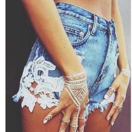 Sexy Lace Patchwork High Waisted Tassels Ripped..