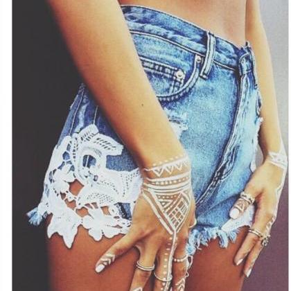 Sexy Lace Patchwork High Waisted Tassels Ripped..