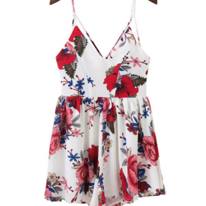 Fashion Sexy Straps Print Flower Backless Romper