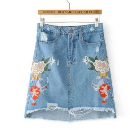 Floral Embroidered High Rise Distressed Denim..