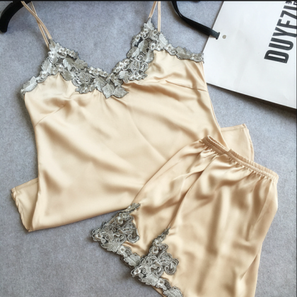Lace Embroidery Silk Satin Shorts And Suspenders..