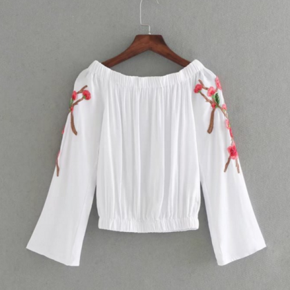 White Floral Embroidered Off-the-shoulder Long..