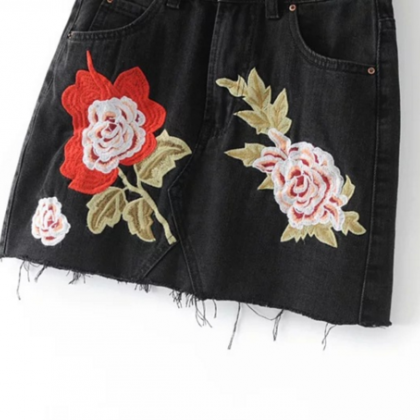 Black Floral Embroidered High Rise Denim Short..