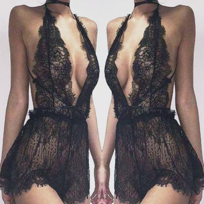 Sexy V-neck Halter Hollow Out Romper Jumpsuit