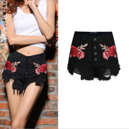 Fashion Sexy Floral Embroider Roses Black High..