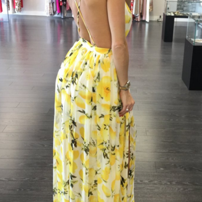 Fashion Sexy Straps Print Yellow Flower Backless..