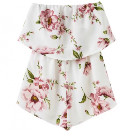 Floral Print White Strapless Double Layered Romper