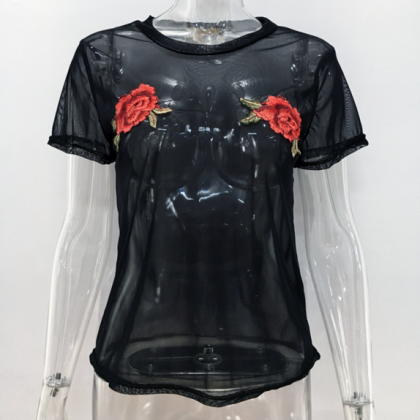 Fashion Gauze Embroidery Flower Round Neck T-shirt