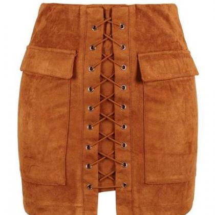 Brown Faux Suede Lace-up Front Short Pencil Skirt