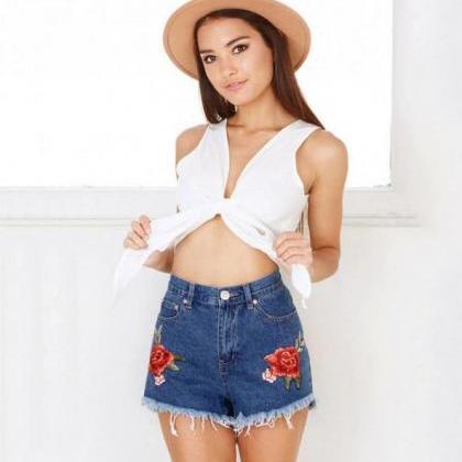 Sexy Short Cowboy Embroidery Rose Blue Shorts