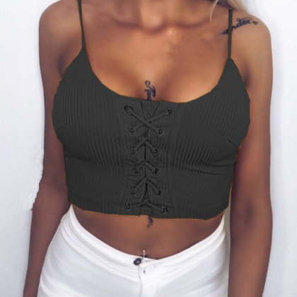 Lace-up Ribbed Knit Spaghetti Strap Cropped Top