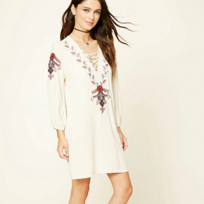 Lace-up Embroidered Short Shift Dress With Long..