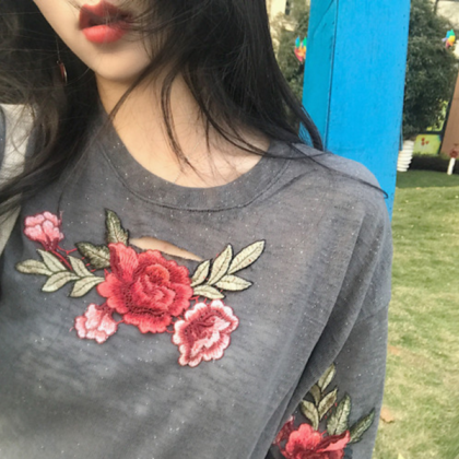 Rose Embroidered Crew Neck Half Sleeved T-shirt..