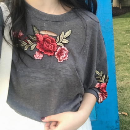 Rose Embroidered Crew Neck Half Sleeved T-shirt..