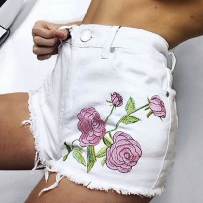 Summer Fashion Roses Embroider Cowboy Shorts Women