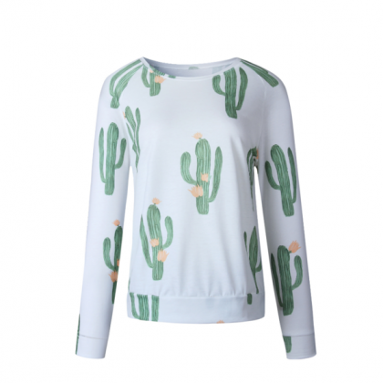 Cacti Print White Crew Neck Sweater