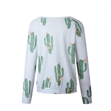 Cacti Print White Crew Neck Sweater