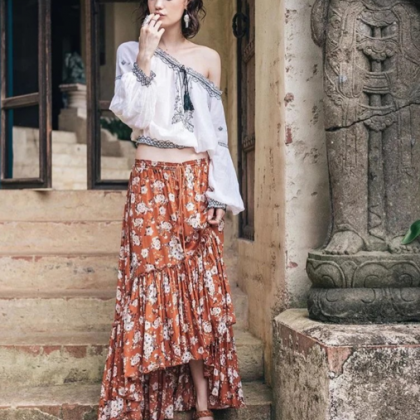Floral Print Chiffon Ruffled High Low Midi Skirt