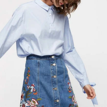 Floral Embroidered Denim Button Down Short A-line..