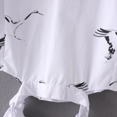 White Bird Print Puff-sleeved Crew Neck Top..