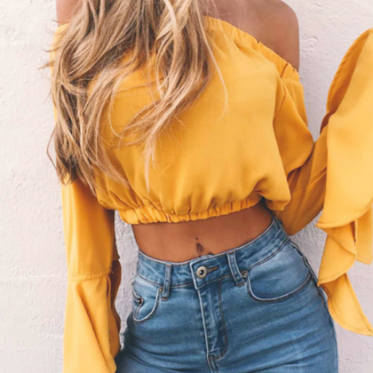 Yellow Chiffon Off-the-shoulder Long Flare-sleeved..