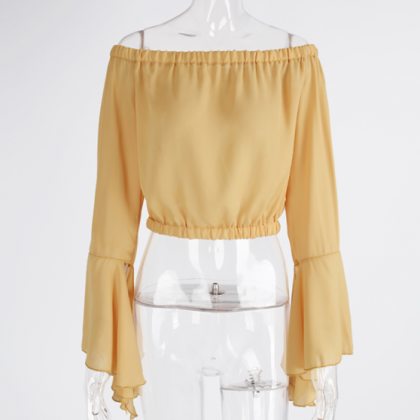 Yellow Chiffon Off-the-shoulder Long Flare-sleeved..
