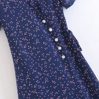 Blue V-neck Summer Wrap Midi Dress With Polka Dots..
