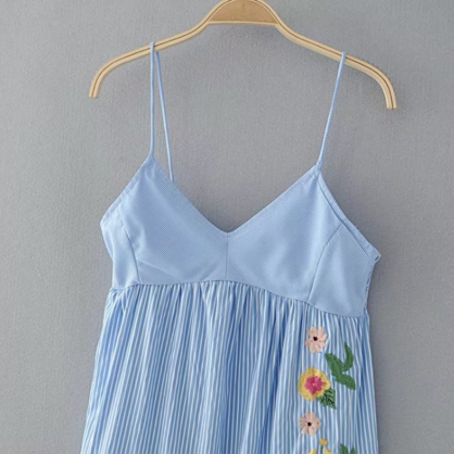 Blue Striped Floral Embroidered Plunge V Spaghetti..