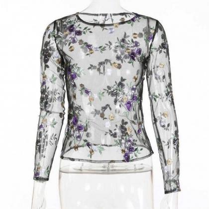 Flower Embroidery Tunic Shirt Top Blouse
