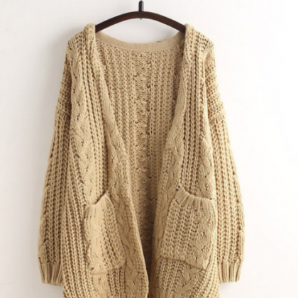 Cardigan Loose Sweater Pocket Buttoned Sweater..