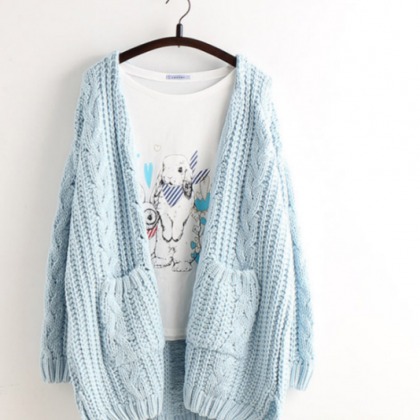 Cable Knitted Open Front Long Sleeve Cardigan With..