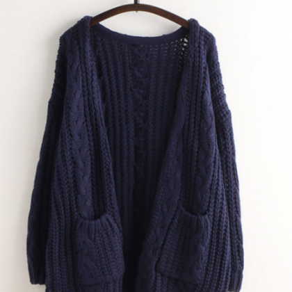 Cable Knitted Open Front Long Sleeve Cardigan With..