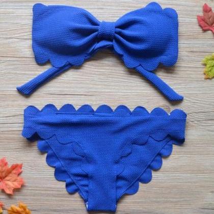 Pure Color Bowknot Edge Scalloped Strapless Two..