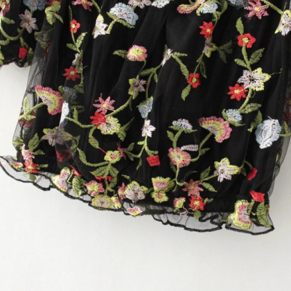 Black Floral Embroidered Ruffled Off-the-shoulder..