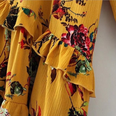 Mustard Yellow Floral Print Ruffled Long Sleeved..