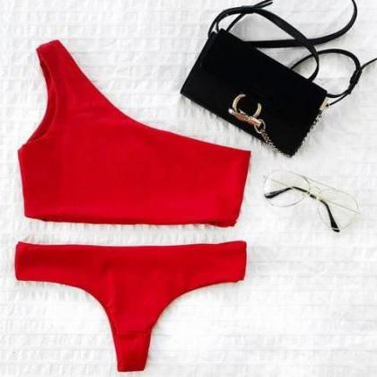 Sexy Fashion One Shoulder Pure Color Red Bathing..