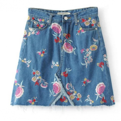 Floral Embroidered Short A-line Denim Skirt..