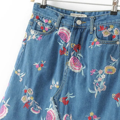 Floral Embroidered Short A-line Denim Skirt..