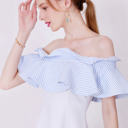 Off The Shoulder Blue And White Striped Top White..