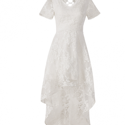White Lace Short Sleeve Backless Irregular Dress
