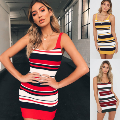 Tricolor Stripes Body Trim Sexy Dresses Knitted..