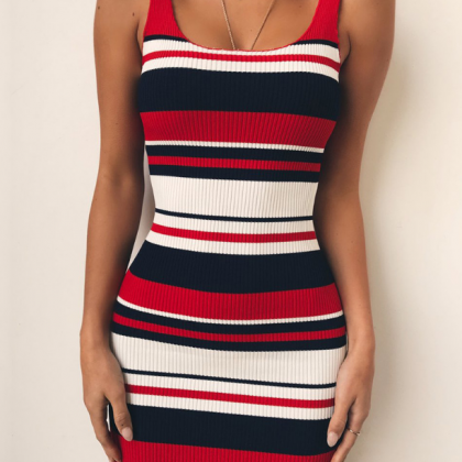 Tricolor Stripes Body Trim Sexy Dresses Knitted..