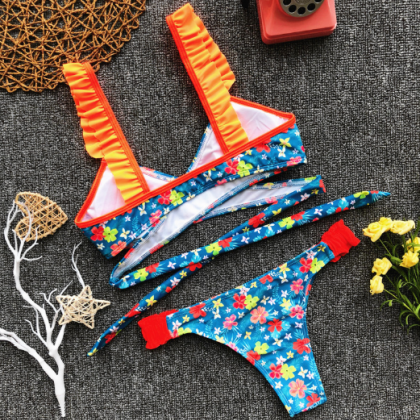 Split Swimsuit Style Bikini With Floral Flounces..