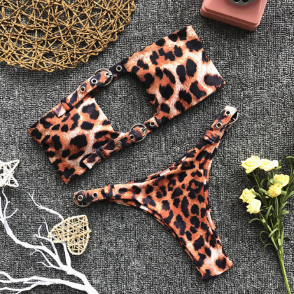 Style Bikini With Eyelet Stitching - Leopard Print