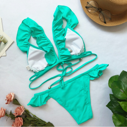 Style Swimwear Solid Colors Flounces Bikini Lace -..