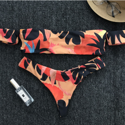 Lady Maple Leaf Print Sleeve Bikini Style Swimsuit