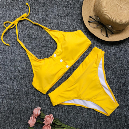 Pure Color High-waisted Bikini Button Swimsuit..