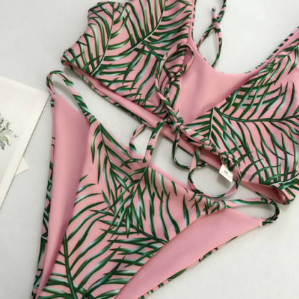 Double Fabric Lady Swimsuit Bamboo Printing Bikini..