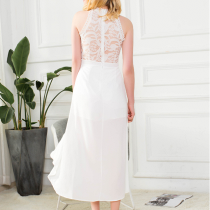 The Sheer Lace Dress Features A Slim, Sleeveless,..